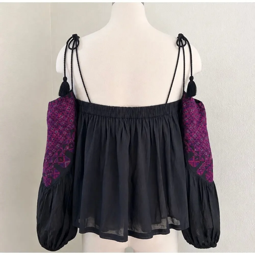 Free People Vacay Vibin Top XS Black Embroidered Boho Festival Cold Shoulder
